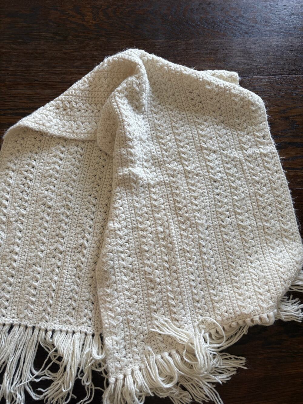 Handmade Crochet Shawl Wrap Cream Ivory Fringed Textured Boho 21”x68” boho